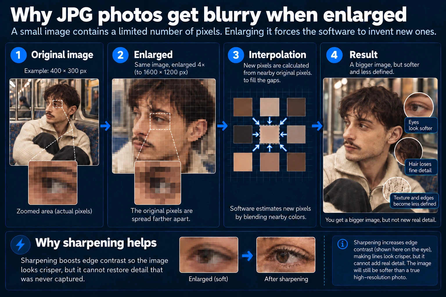 Illustrated explanation of why JPG photographs become softer when enlarged, how new pixels are interpolated by blending nearby source pixels, and how sharpening helps.