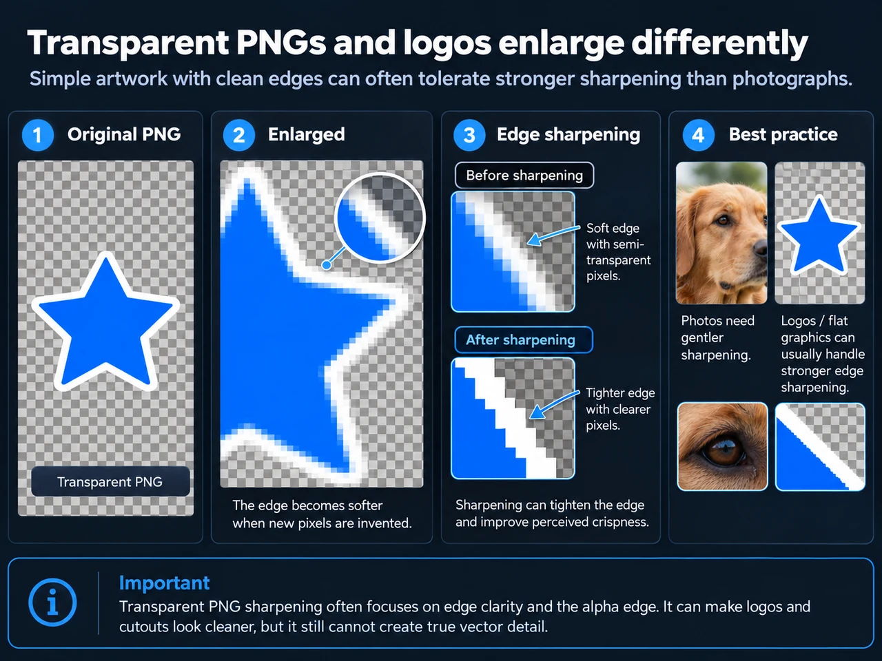 Illustrated explanation of how transparent PNG and logo edges soften when enlarged and how edge sharpening helps.